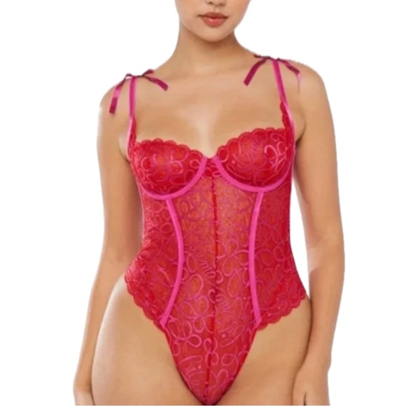 Savage X Fenty Ribbon Writing Lace Teddy Bodysuit Red and Pink Lace - Picture 2 of 13